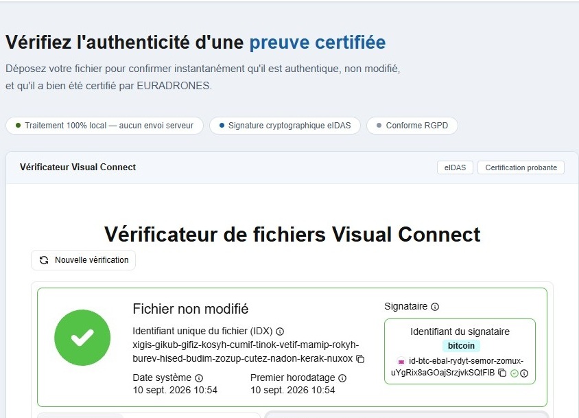 Rapport du vérificateur Visual Connect : fichier non modifié, horodatage et signataire