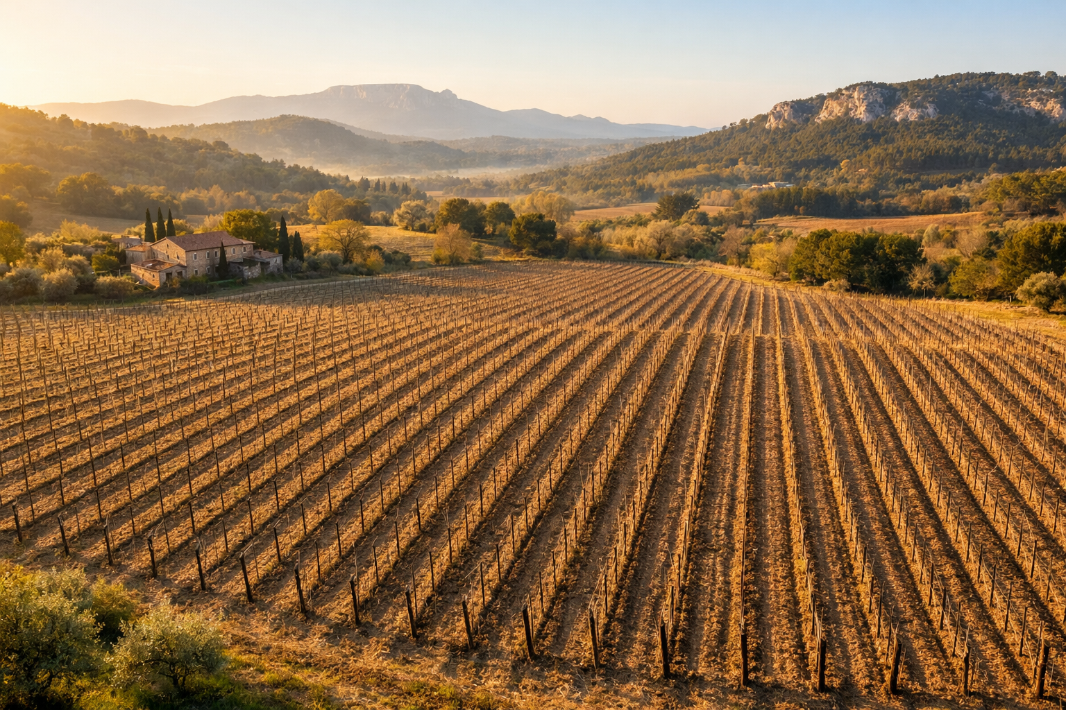 Vue aérienne drone d'un vignoble provençal au printemps pour comptage de pieds