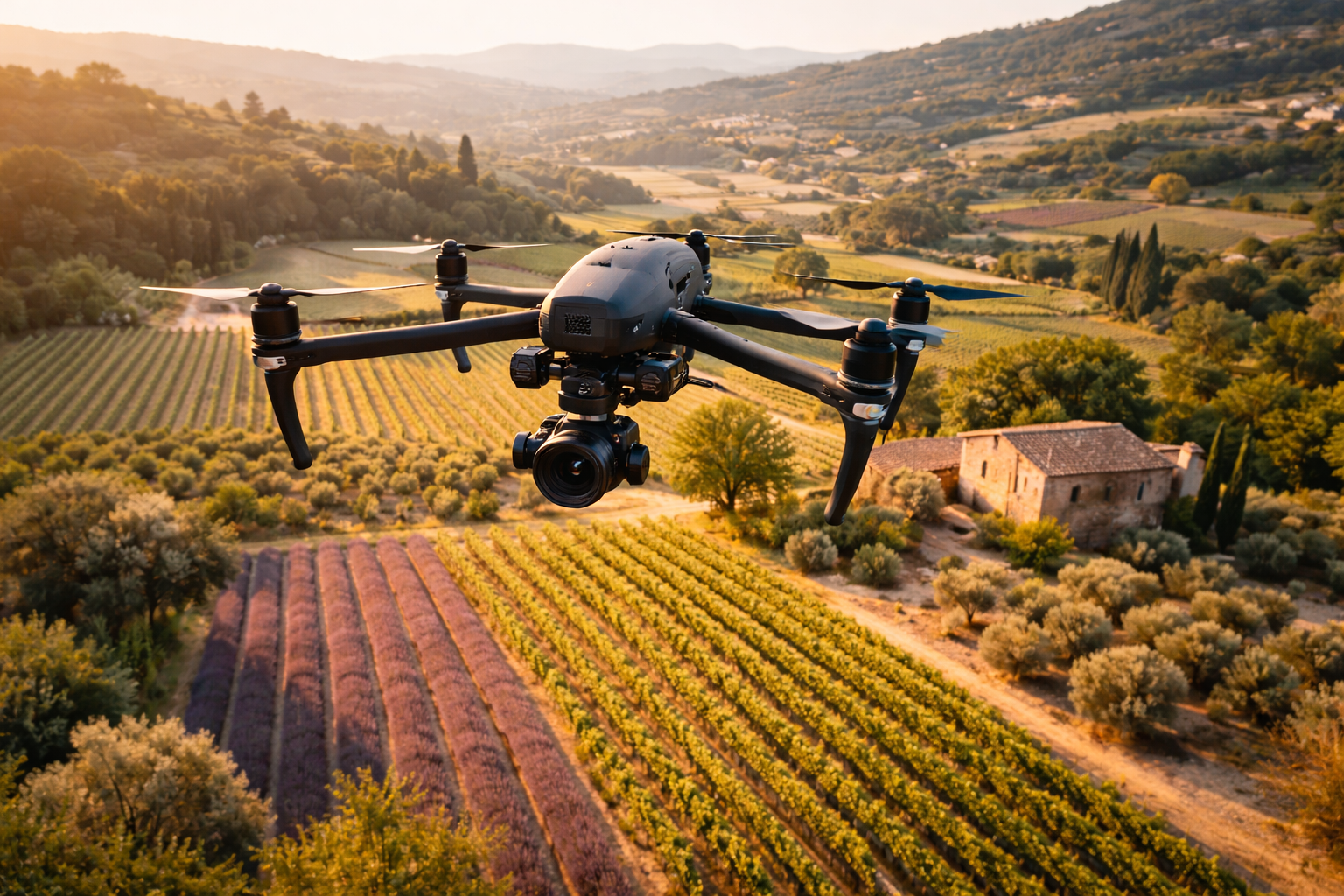 Drone professionnel survolant une parcelle agricole en Provence