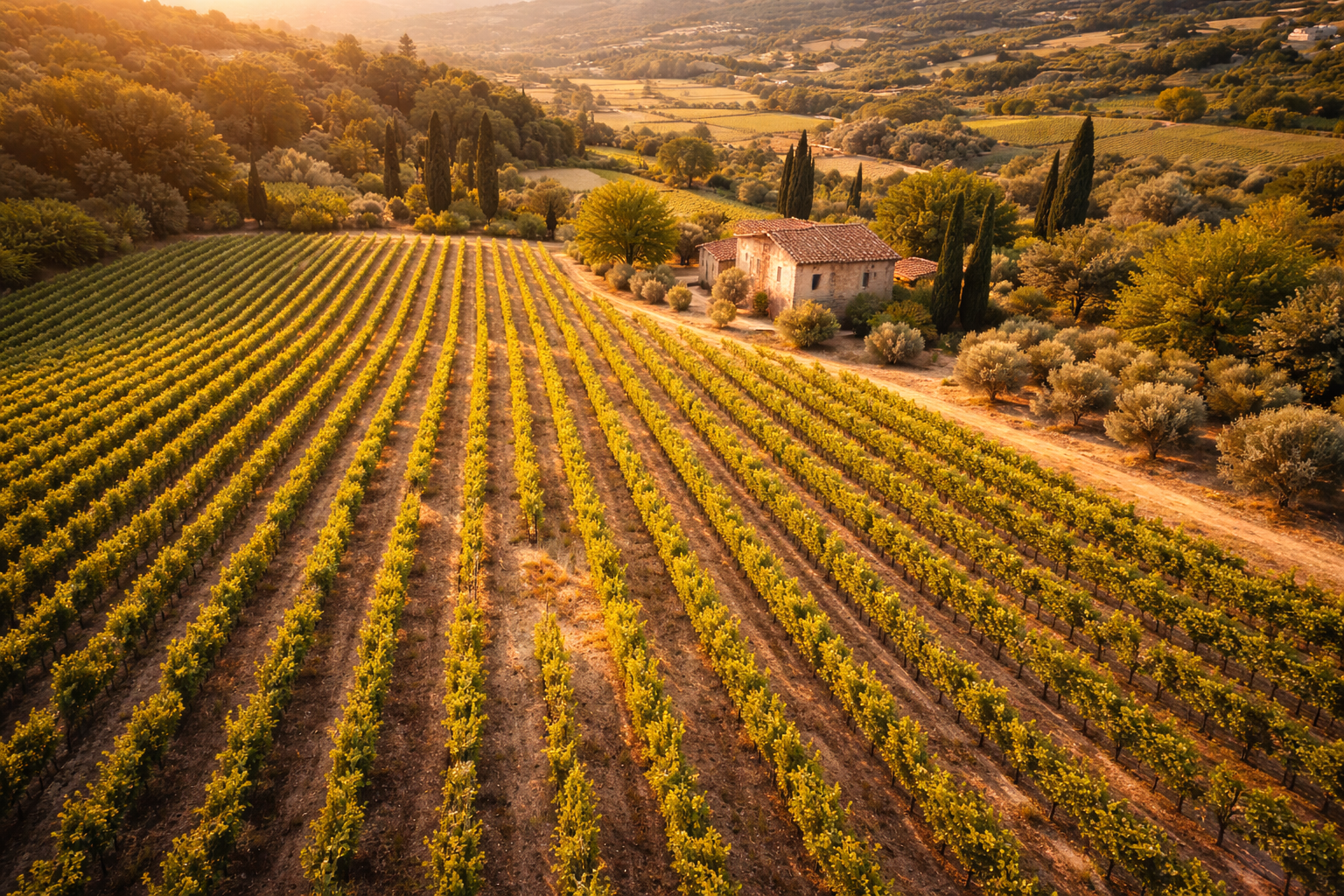 Vue drone d'un vignoble provençal pour détection de pieds manquants
