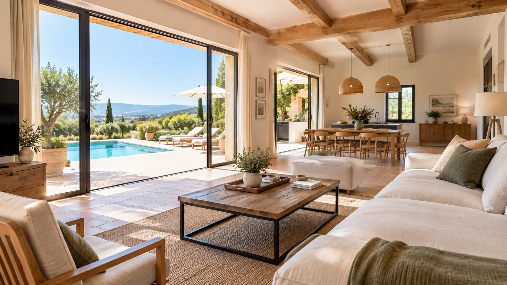 Séjour lumineux d'une villa en Provence photographié en diagonale pour une annonce immobilière