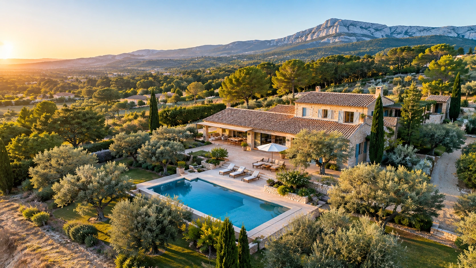 Vue aérienne par drone d'une villa avec piscine dans le Pays d'Aix pour une annonce immobilière