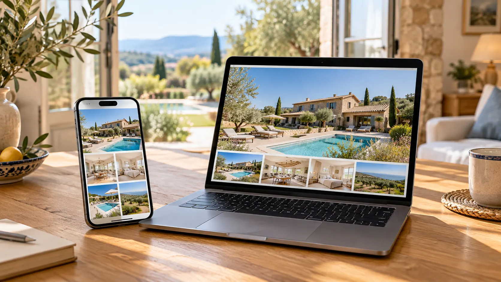 Photos d'annonce immobilière d'une villa en Provence affichées sur un smartphone et un ordinateur